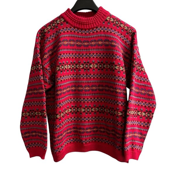Vintage Eddie Bauer Sweater Womens L Red Fair Isle Pullover Ski Nordic Cabin - Picture 1 of 8